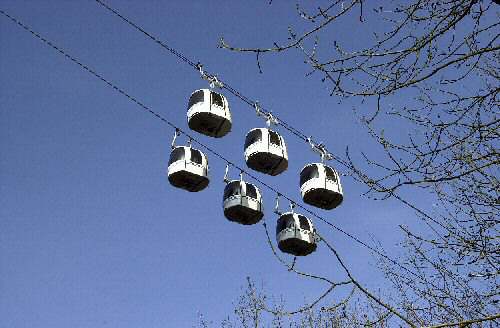 Cable cars flying over the River Derwent